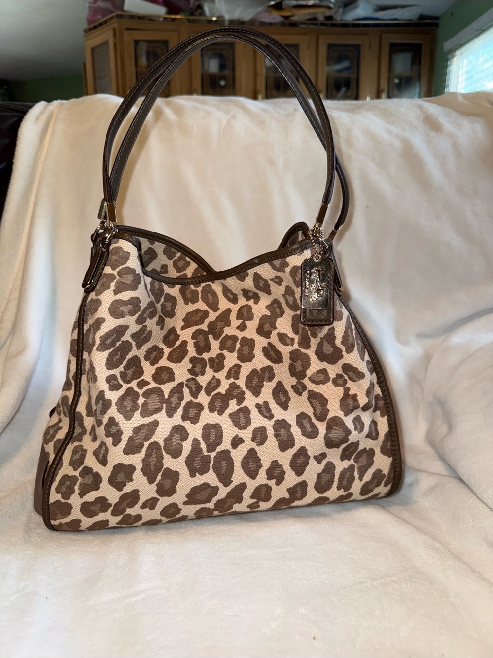 Coach Leopard Print Shoulder Bag with Zipper Accent & Inner Pockets